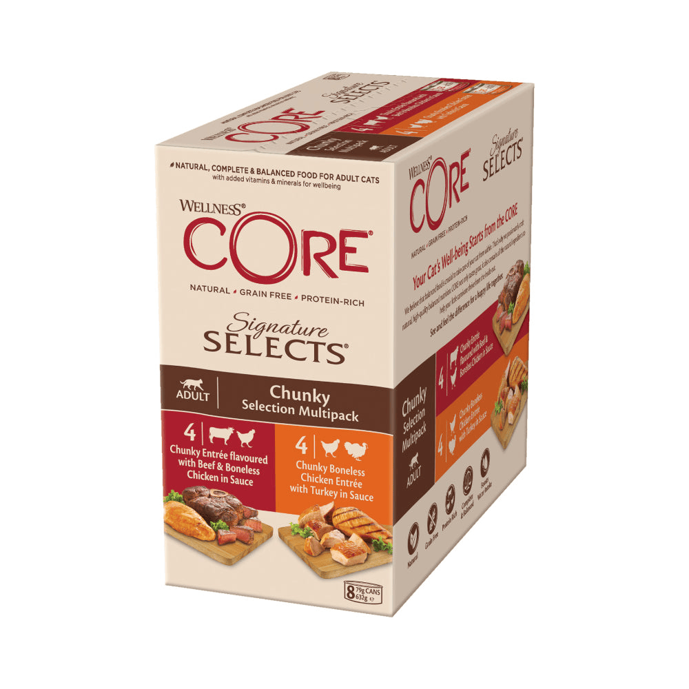 ويلنيس كور طعام رطب, 4 حبات بالدجاج و لحم البقر, 4 حبات بالدجاج والديك الرومي في الصلصة للقطط البالغة- 8 حبات*79 جرام