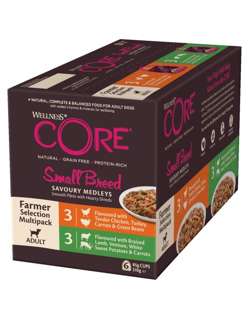 ويلنيس كور طعام رطب, 3 حبات بالدجاج والديك الرومي, 3 حبات بلحم الضان ولحم الغزال للكلاب البالغة من السلالات الصغيرة- 6 حبات*85 جرام