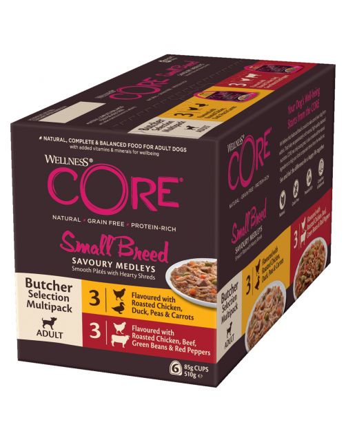 ويلنيس كور طعام رطب, 3 حبات بالدجاج والبط, 3 حبات بالدجاج واللحم للكلاب البالغة من السلالات الصغيرة- 6 حبات*85 جرام