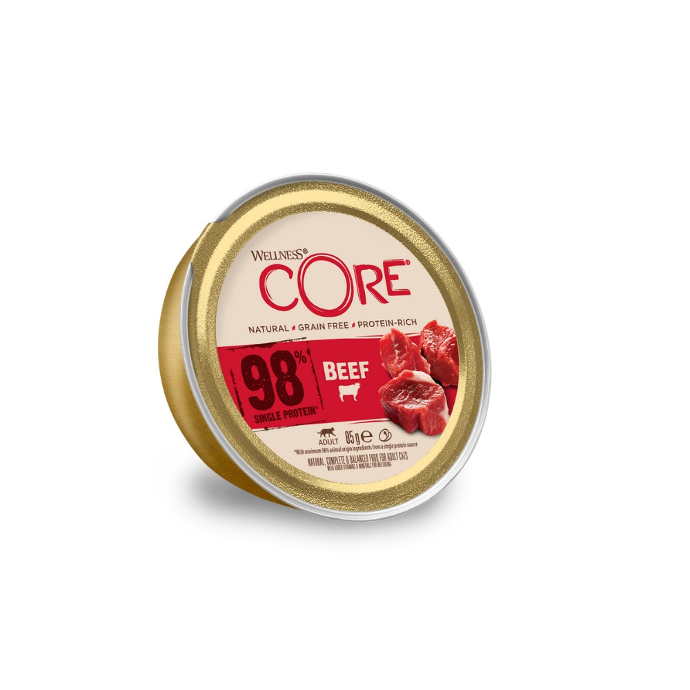 ويلنيس كور طعام رطب 98% بروتين بلحم البقر للقطط البالغة- 12 حبة*85 جرام