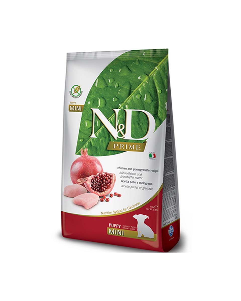 فارمينا برايم طعام جاف للجراء الصغيرة طبيعي ولذيذ وخالي من الحبوب بالدجاج والرمان 2.5 كغ