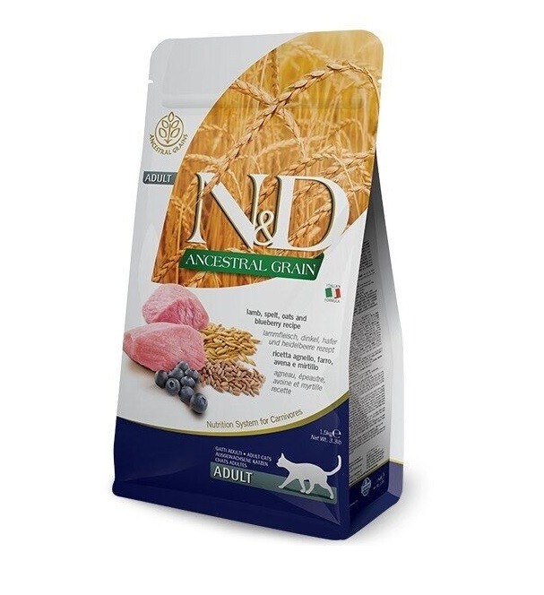 فارمينا ان اند دي دراي فود للقطط بالشوفان, لحم الضان و التوت الازرق للقطط البالغة- 150 كجم